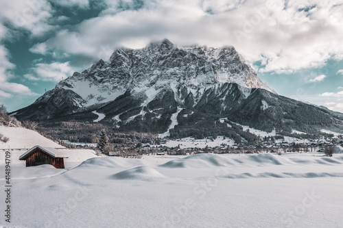 panoramic view of the Zugspitze and Ehrwald in winter. photo