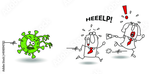 Virus attack. Two people are very afraid of the coronavirus. The covid 19 run after Joe and Karen. It is a metaphor of the pandemic