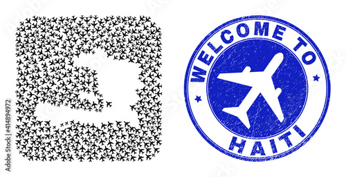 Vector collage Haiti map of items and grunge Welcome seal stamp. Collage geographic Haiti map created as stencil from rounded square with air planes.