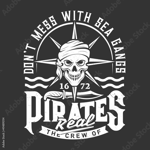 Pirate or corsair skull t-shirt print or emblem. Human skull in bandana or scarf, pirate knife and waves vector. Clothing custom design print template with filibuster, privateer or buccaneer