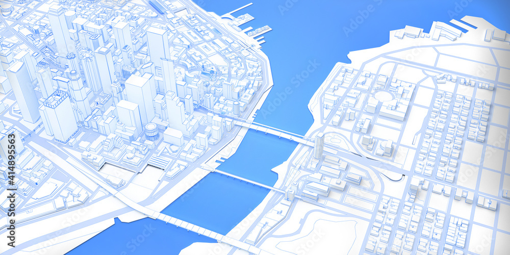 white low poly modern downtown with river above view