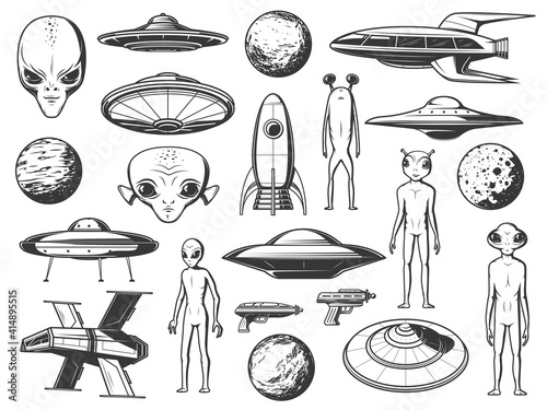 Aliens, extraterrestrial spaceships and planets engraved icons set. Alien life forms, humanoid creatures with big head and eyes, fantastic starships, flying saucers and rockets, blaster pistols vector