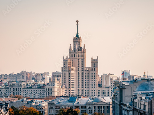 Beautiful view of Moscow. Stalinist residential building on Moscow River embankment.