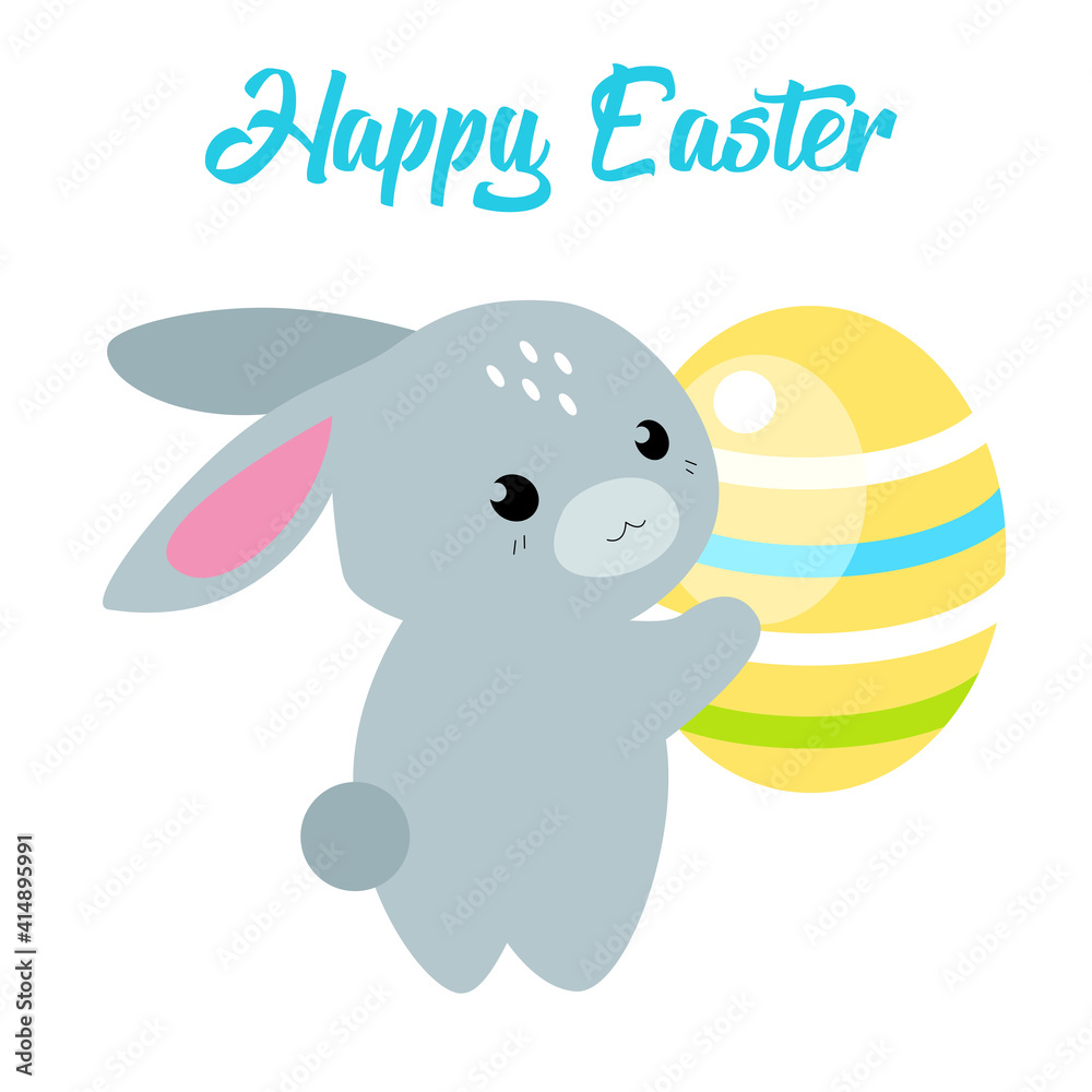 Obraz premium Happy Easter. Cute cartoon Easter banner with Easter eggs and Hare. Vector Greetings for Easter in flat kawaii style. Child Vector illustration. For greeting card, Print t shirt, fashion art