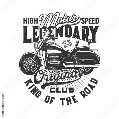 Motorcycle races, bike or motorbike riders club, vector icon for speedway motors sport. Motorcycle racing and speed moto retro grunge t-shirt print, biker motocross, or motorsport custom emblem