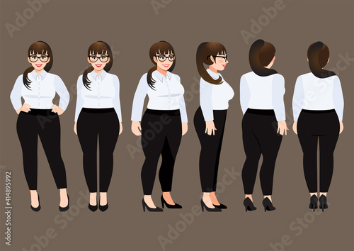 Cartoon character with plus size business woman in white shirt for animation. Front, side, back, 3-4 view character. Flat vector illustration