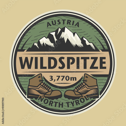 Abstract stamp or emblem with the name of mountain peak Wildspitze, Austria