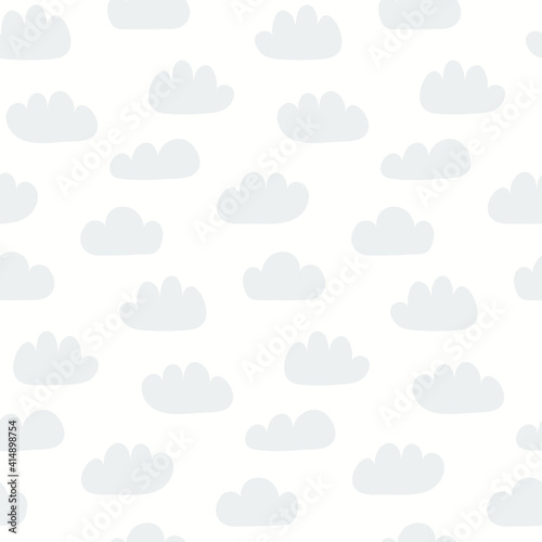 Light blue clouds in the sky simple seamless pattern on white background. Hand drawn vector illustration. Scandinavian style flat design. Concept for kids fashion print, textile, wallpaper, packaging.
