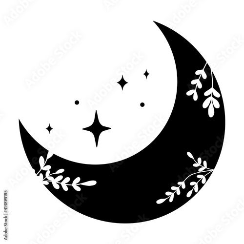 Black crescent moon with white lace floral ornament, stars. Design element for logos icons. Vector illustration. Modern Boho style doodle art