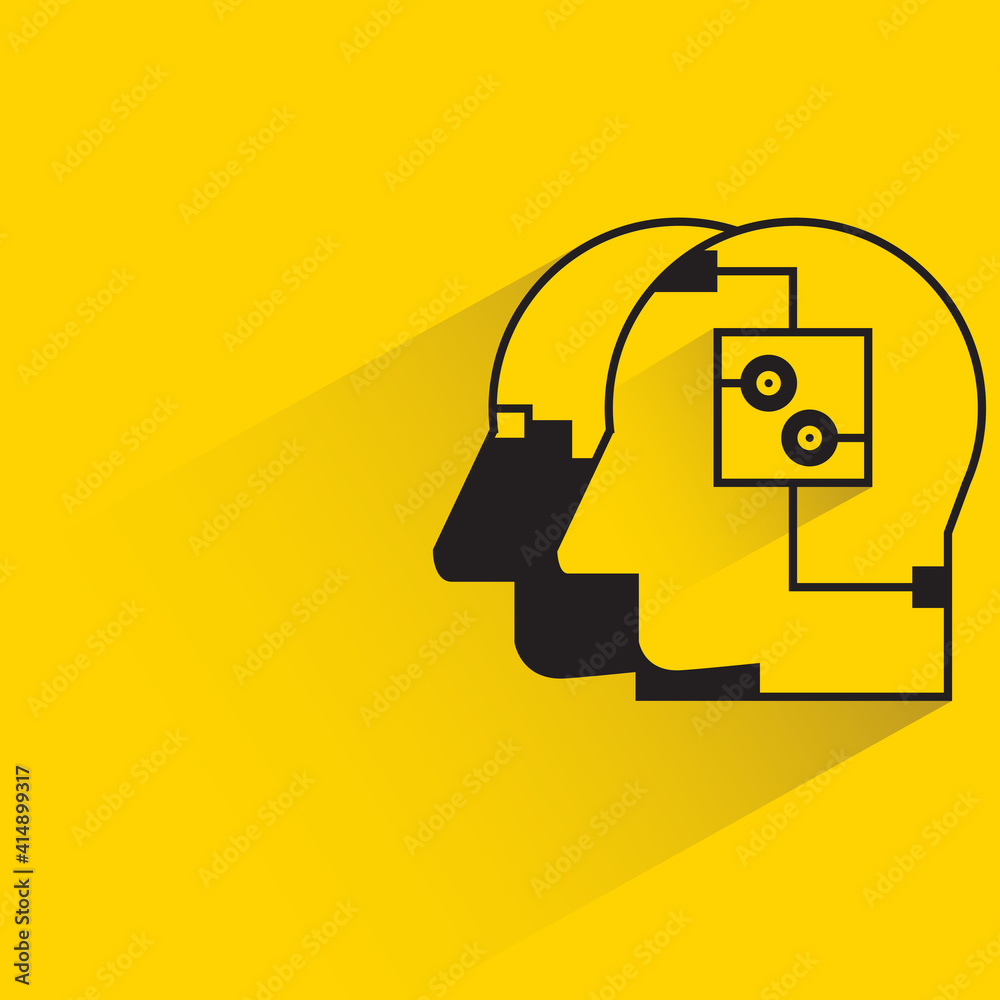 human head embed with chip with shadow on yellow background