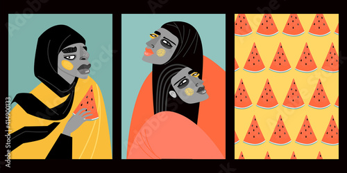 Set of vector stylized portraits of Arab girls and watermelon texture for prints and design.