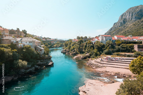 Fototapeta Naklejka Na Ścianę i Meble -  Beautiful view of the river Neretva in the city of Mostar. Bosnia and Herzegovina
