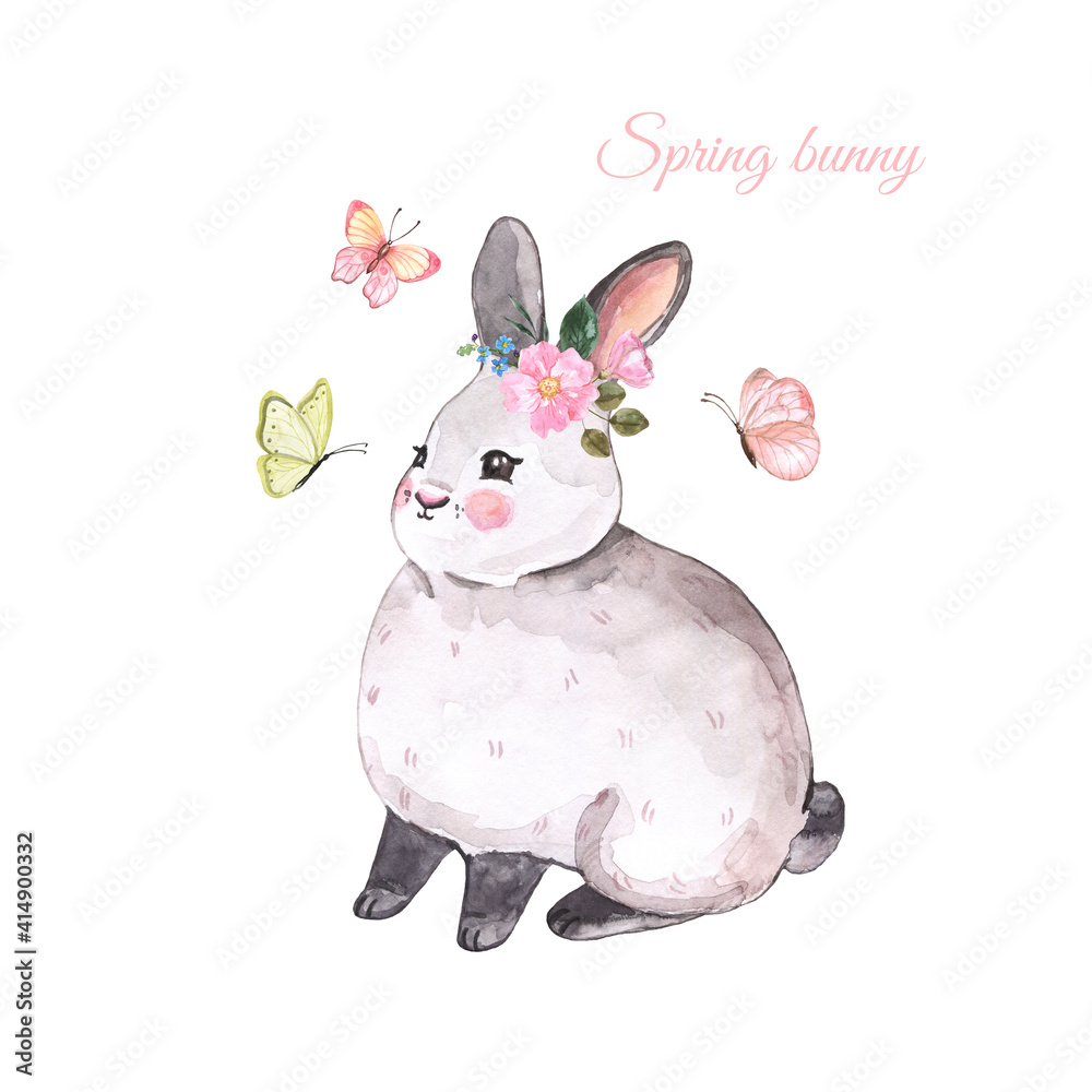 Obraz premium Watercolor hand painted cute bunny with flowers and butterflies, isolated on white background. Little woodland animal illustration. Spring Easter card in cartoon style.