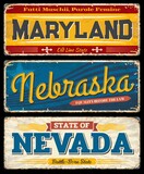 USA Maryland, Nebraska and Nevada vintage vector signs. American states travel and tourism destination of old line, battle born and cornhusker states, old grunge greeting banners and postcard design