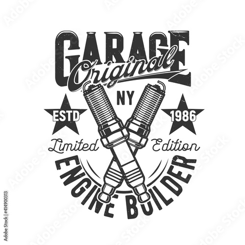 Garage, car and motorcycle custom engine icon, vector motor races t-shirt print. Garage mechanic and original engine builders service emblem with spark plugs and NY American quality stars