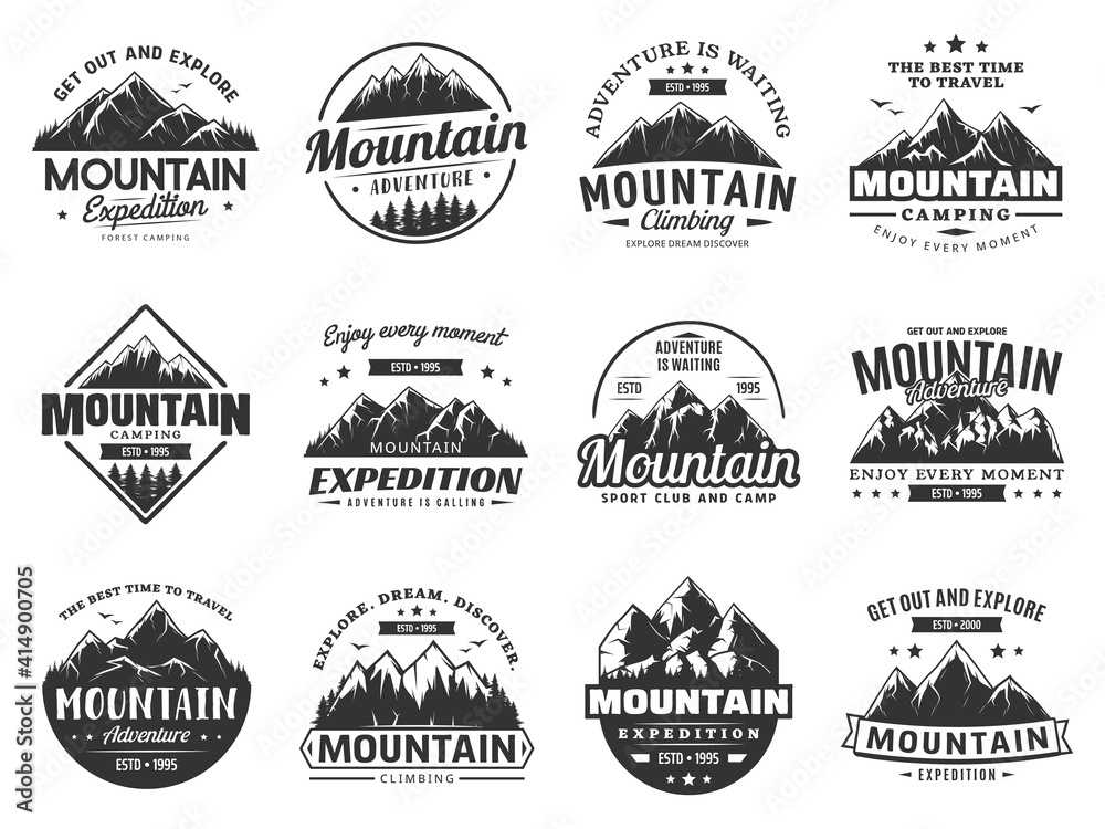 Mountain expedition and rock climbing vector icons. Snowy peaks monochrome silhouettes, steep rocky hills and mountain crest. Nature landscape for outdoor adventure extreme sport and travel labels set