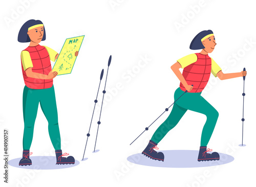 Vector illustration healthy lifestyle character in different poses. Girl is walking on the hiking trail and girl looks at the orienteering map.