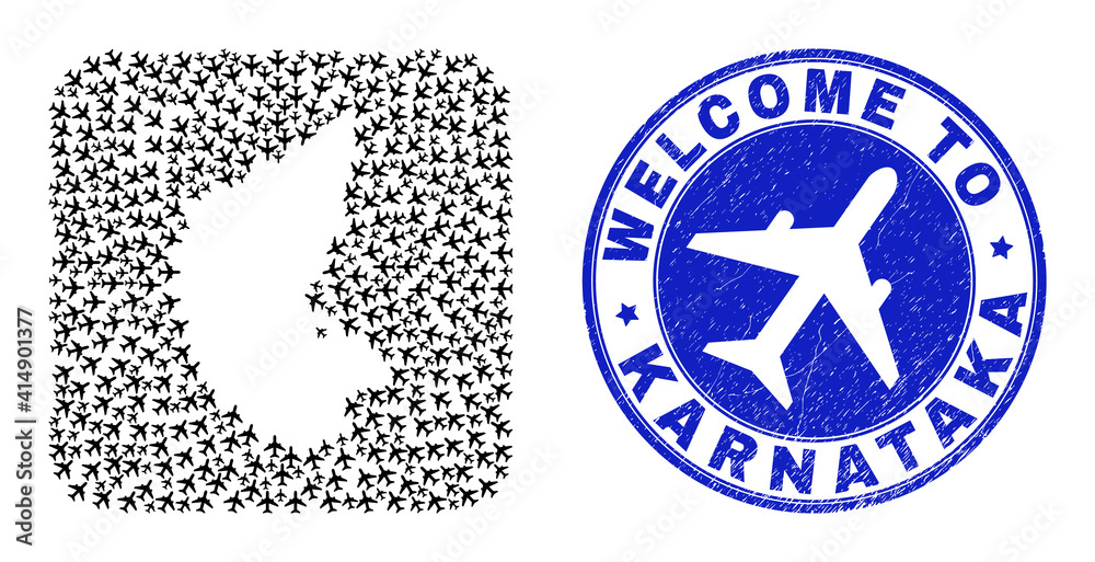 Vector mosaic Karnataka State map of trip items and grunge Welcome ...