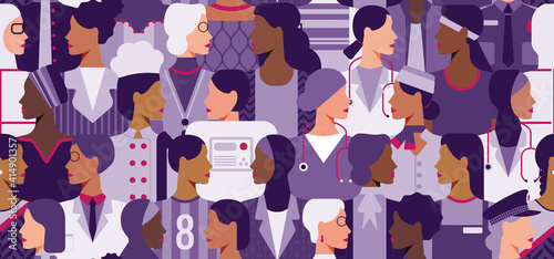 International Women's Day. Women in leadership, woman empowerment, gender equality concepts. Seamless pattern. Crowd of women of diverse age, races and occupation. Vector illustration background.