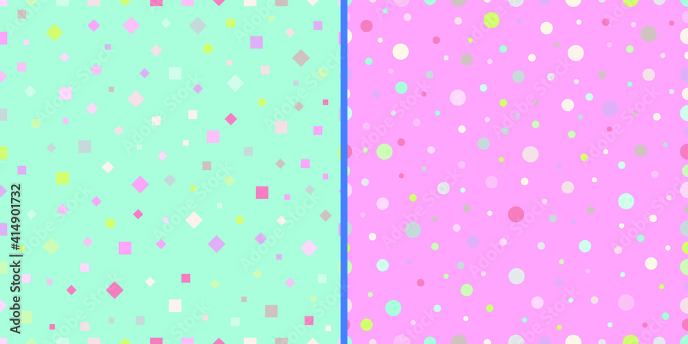 Set of seamless patterns. Circles, squares, rhombuses in gentle spring colors. Vector illustration in pastel colors. Blue and pink isolate. Set of seamless patterns. Circles, squares, rhombuses in gentle spring colors. Vector illustration in pastel colors. Blue and pink isolate.