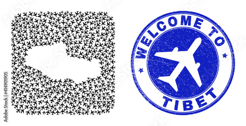 Vector mosaic Tibet map of air vehicle items and grunge Welcome badge. Mosaic geographic Tibet map created as subtraction from rounded square shape with aviation.