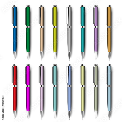 Colored realistic pens isolated on white background, big set