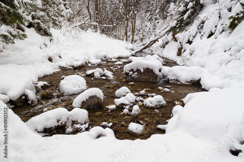 Mountain stream in winter, snow in Homole, Poland photo