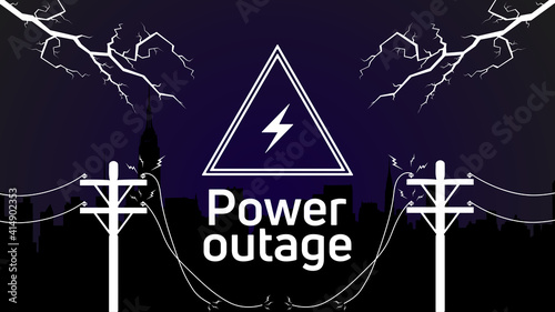 Power outage  with a warning sign on the black city background.Icon of electricity.