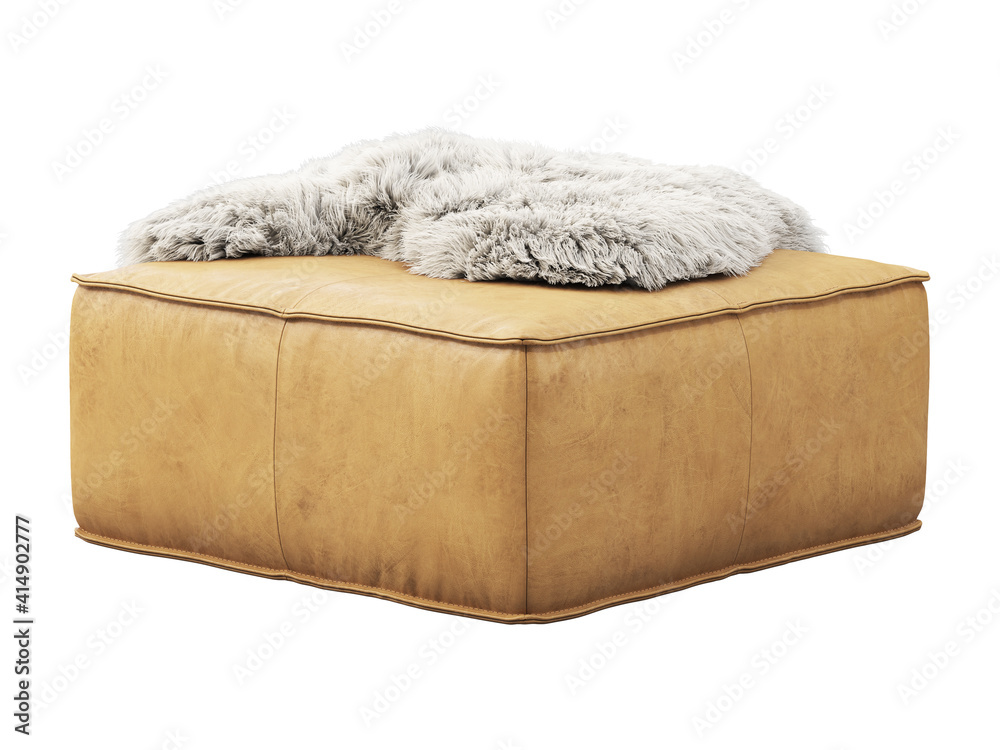 Fototapeta premium Beige leather ottoman with fur plaid. 3d render