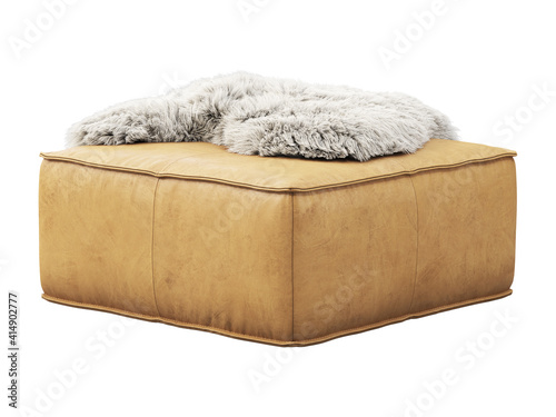 Beige leather ottoman with fur plaid. 3d render
