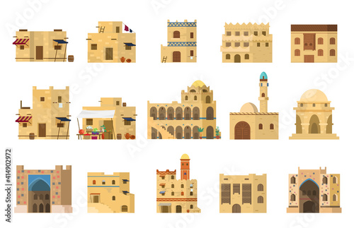 Flat Vector Set Of Authentic Traditional Arabian Mud Brick Houses. Islamic Architecture. Isolated On White.