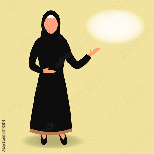 Faceless cartoon arabic muslim beautiful woman manager or teacher in hijab and fashion abaya from UAE or Saudi Arabia show offer. Banner for social media marketing or education