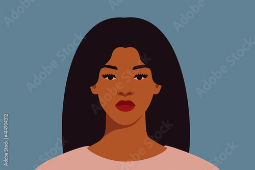 Strong Black woman with long dark hair looks directly. Confident young woman with brown skin portrait front view on a blue background. Vector illustration.