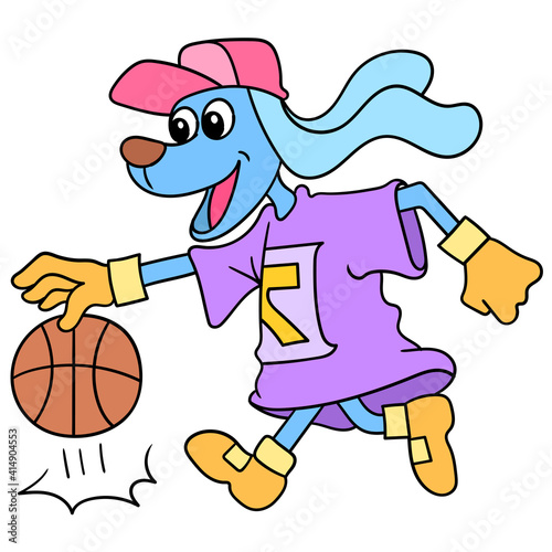 the dog plays basketball with joy, doodle icon image kawaii