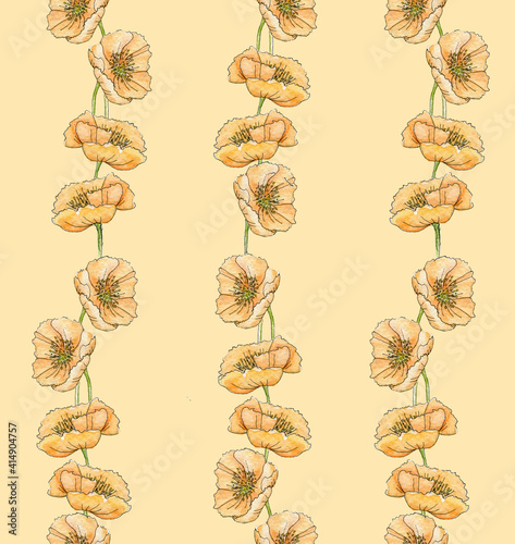 Pastel orange poppy wildflowers. Seamless pattern of watercolor flowers. Hand drawn botanical illustrations vintage. photo