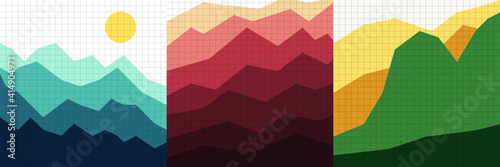 Vector illustration landscape. Mountain peaks, green hills on linear grid pattern. Mountains background. Polygonal minimalist style. Design elements for social media template, blog post, square banner