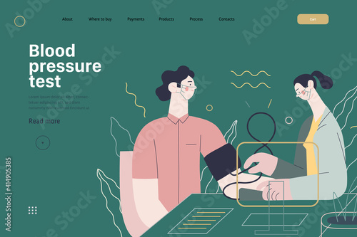 Medical tests template - blood pressure test - modern flat vector concept digital illustration of blood pressure measurement procedure - a patient and doctor with a meter, medical office or laboratory