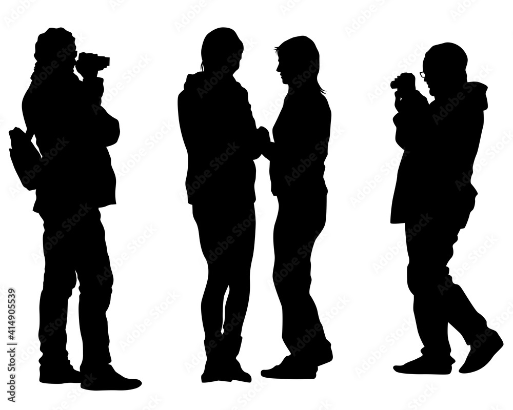 Man and women with a camera on street. Isolated silhouettes of people on white background