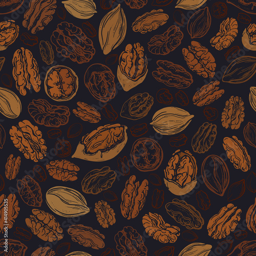 Pecan nuts seamless pattern. Vector illustration