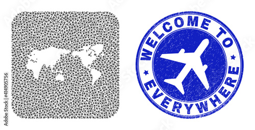 Vector collage world map of air flight items and grunge Welcome seal. Collage geographic world map created as carved shape from rounded square shape with air transport.
