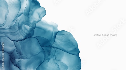 Abstract liquid fluid art painting background alcohol ink technique in teal blue green cool tone colors on white text space for banner, background.