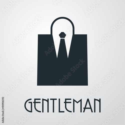 Logotipo con texto GENTLEMAN con corbata y chaqueta con forma de bolsa de la compra en fondo gris