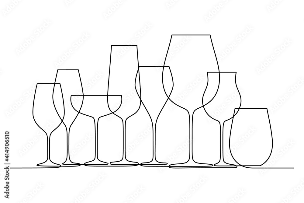 Different wine glasses in continuous line art drawing style. Glassware for wine tasting and drinking minimalist black linear design isolated on white background. Vector illustration - obrazy, fototapety, plakaty 