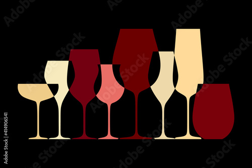 Different wine glasses. Abstract design with different shape glassware for wine tasting and drinking isolated on black background. Vector illustration