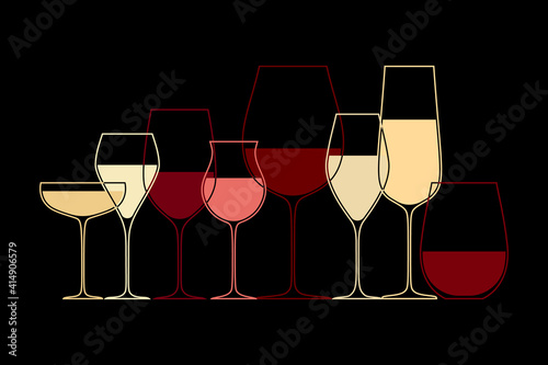 Different wine glasses. Abstract design with different shape glassware for wine tasting and drinking isolated on black background. Vector illustration