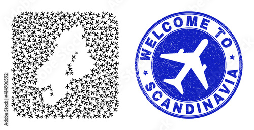 Vector mosaic Scandinavia map of airplane elements and grunge Welcome seal stamp. Collage geographic Scandinavia map designed as carved shape from rounded square shape with air transport.