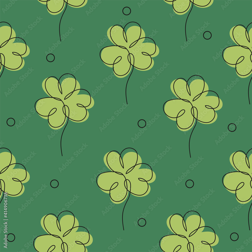 Elegant continuous line seamless pattern with clovers, design elements. Floral pattern for invitations, cards, print, gift wrap, fabric