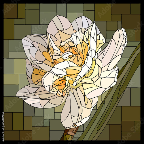 Vector square mosaic with blooming cream narcissus flower in stained glass window.