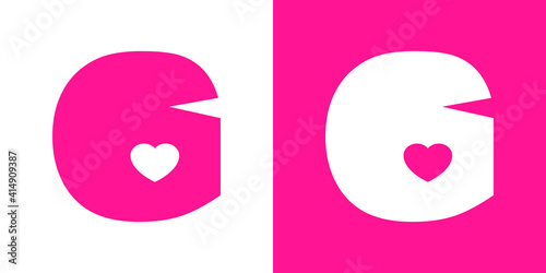 Logotipo con letra inicial G con corazón en fondo rosa y fondo blanco