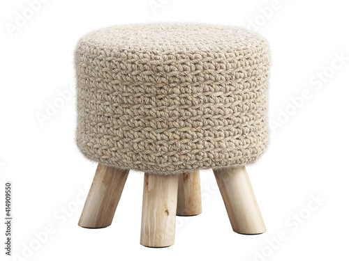 Scandinavian pouf with a knitted seat and wooden legs. 3d render photo